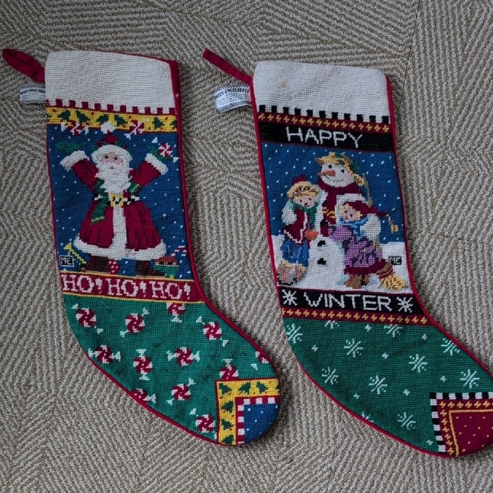 Mary Engelbreit Vintage Santa Snowman Needlepoint Velvet Holiday Stockings